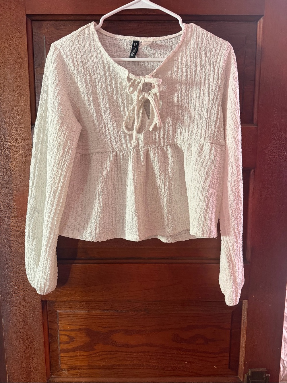 H&M Cream Lace-Up Textured Peplum Long-Sleeve Top